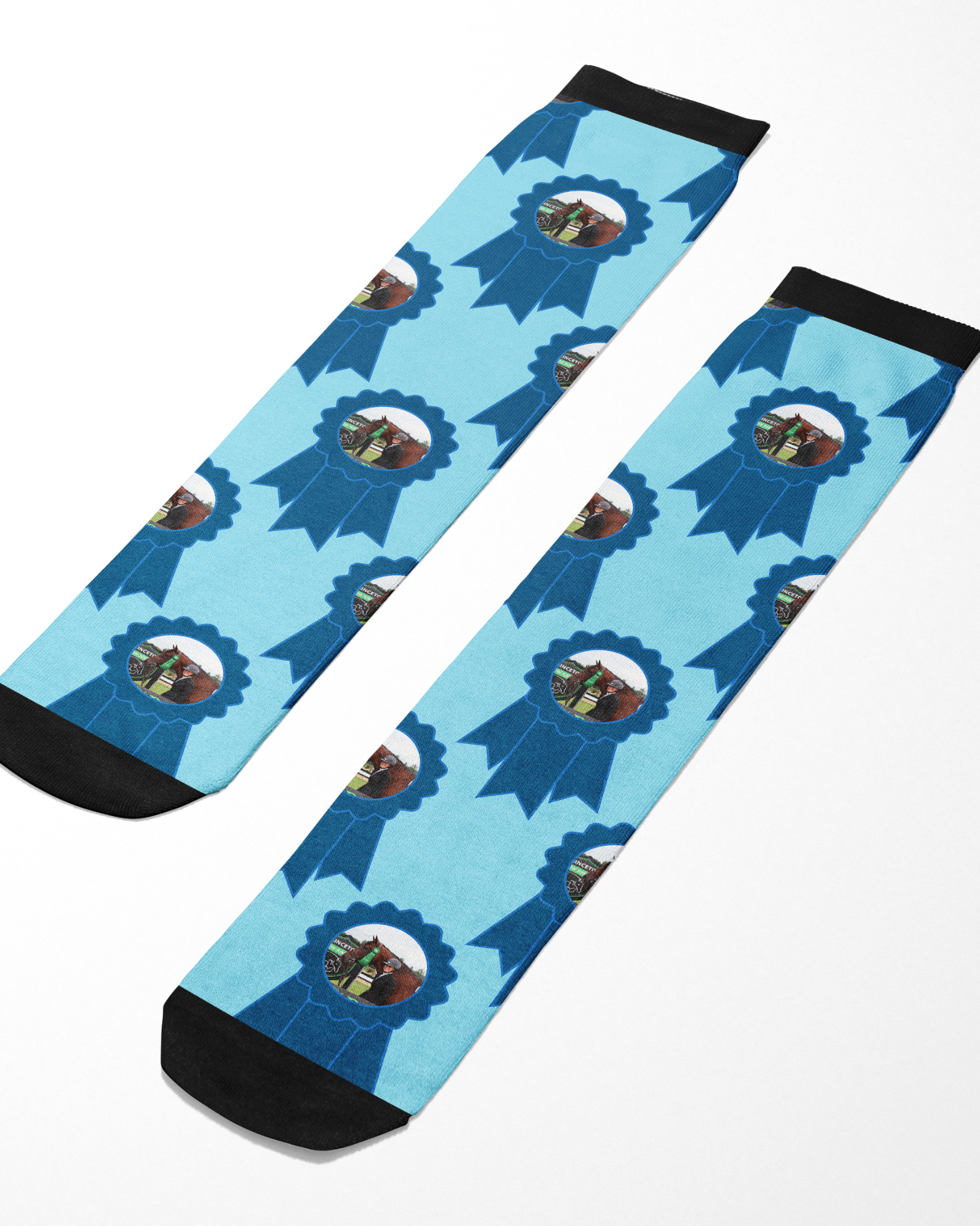 Custom Blue Ribbon Socks with personalized photo print and black toe and cuff accents