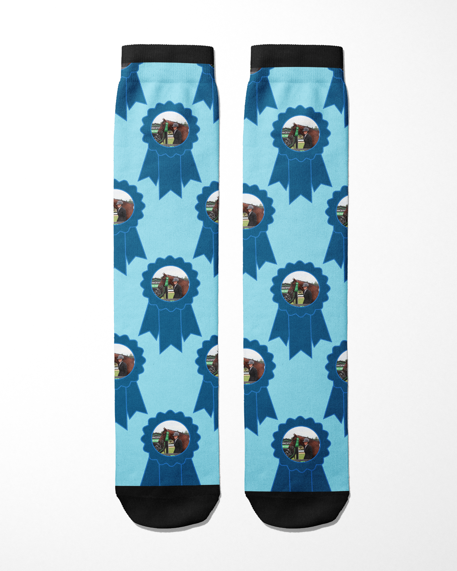 Custom Blue Ribbon Socks with personalized photo pattern on light blue background and black toes