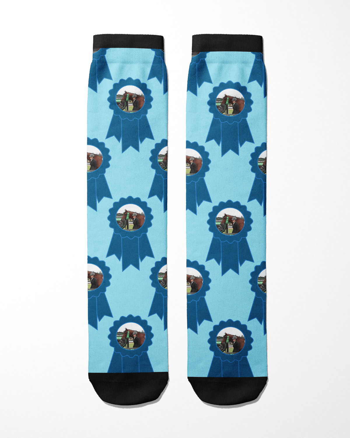Custom Blue Ribbon Socks with personalized photo pattern on light blue background and black toes