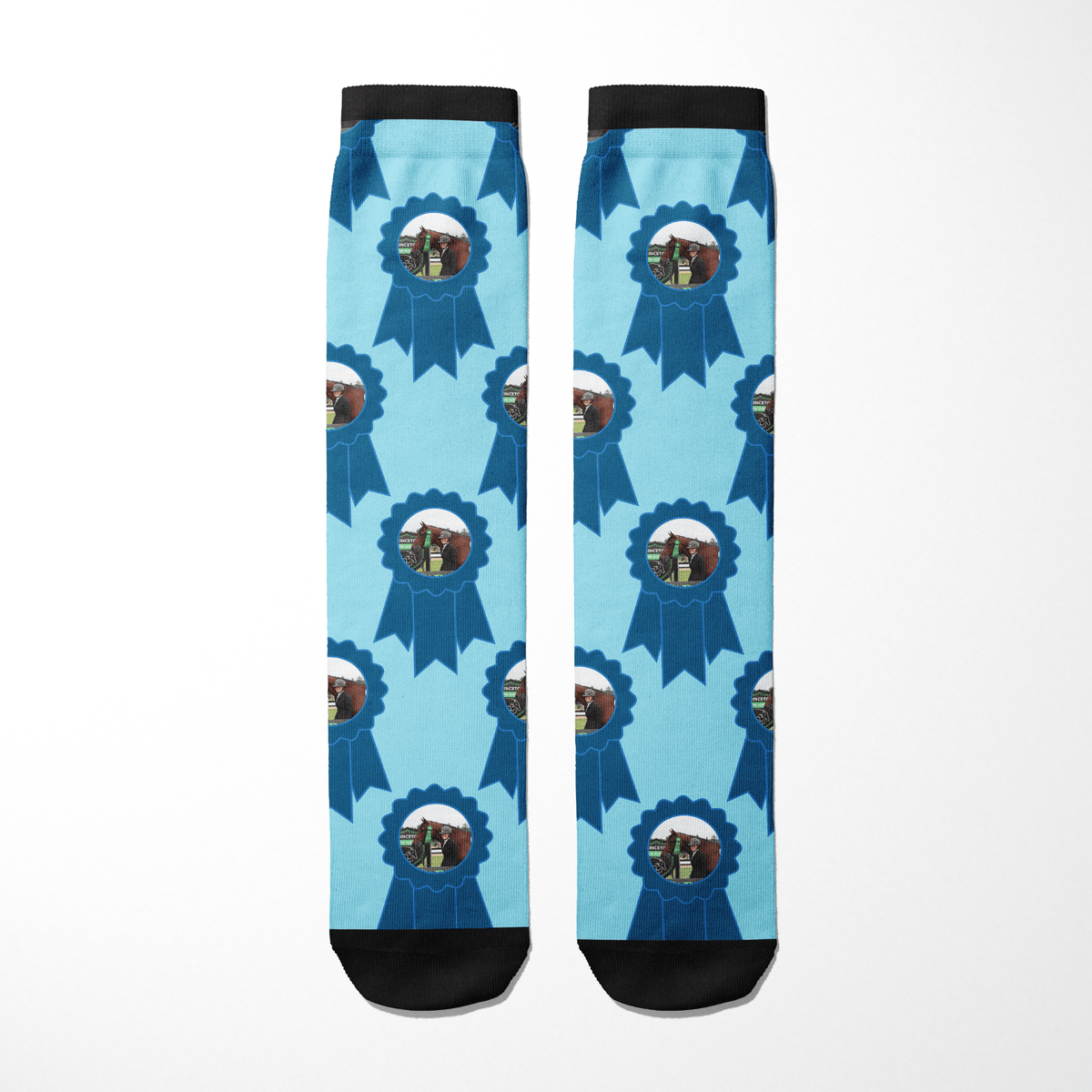 Custom Blue Ribbon Socks with personalized photo pattern on light blue background and black toes