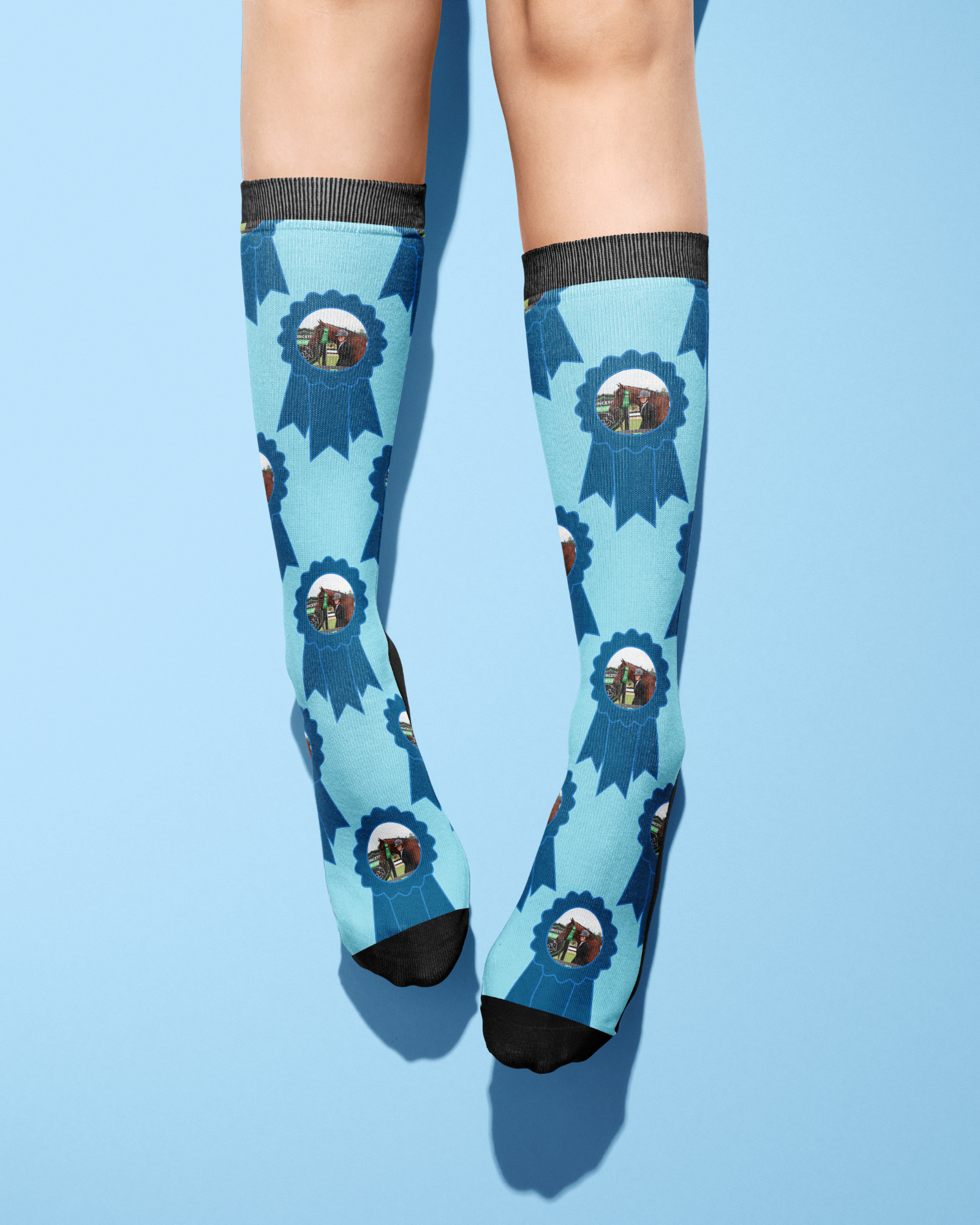 Custom Blue Ribbon Socks with personalized photo on light blue background and black toes and cuffs
