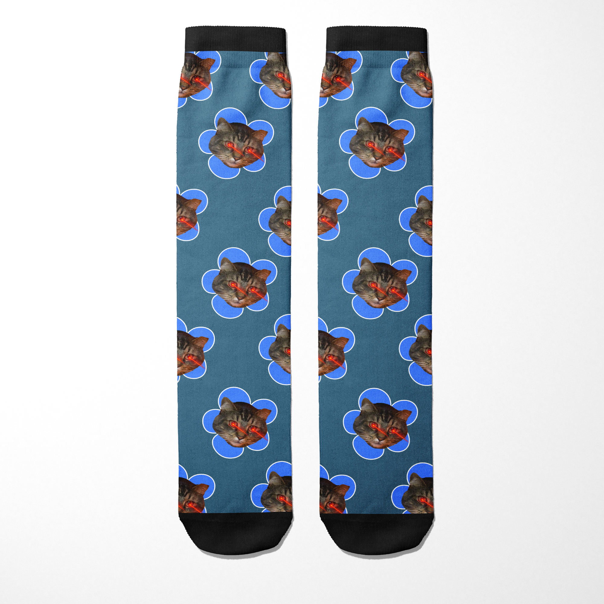 Custom flower socks with personalized cat photo on blue background