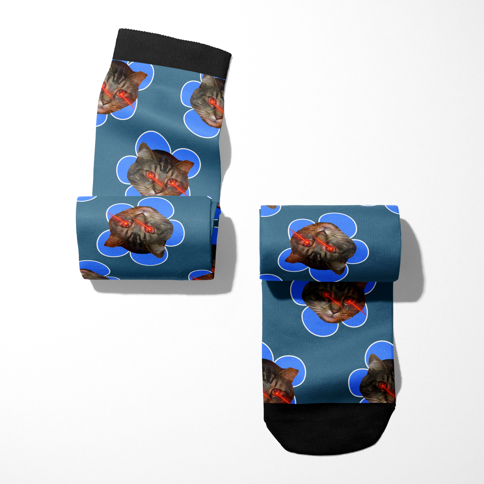 Custom Flower Socks with personalized cat photo on blue floral pattern background and black trim