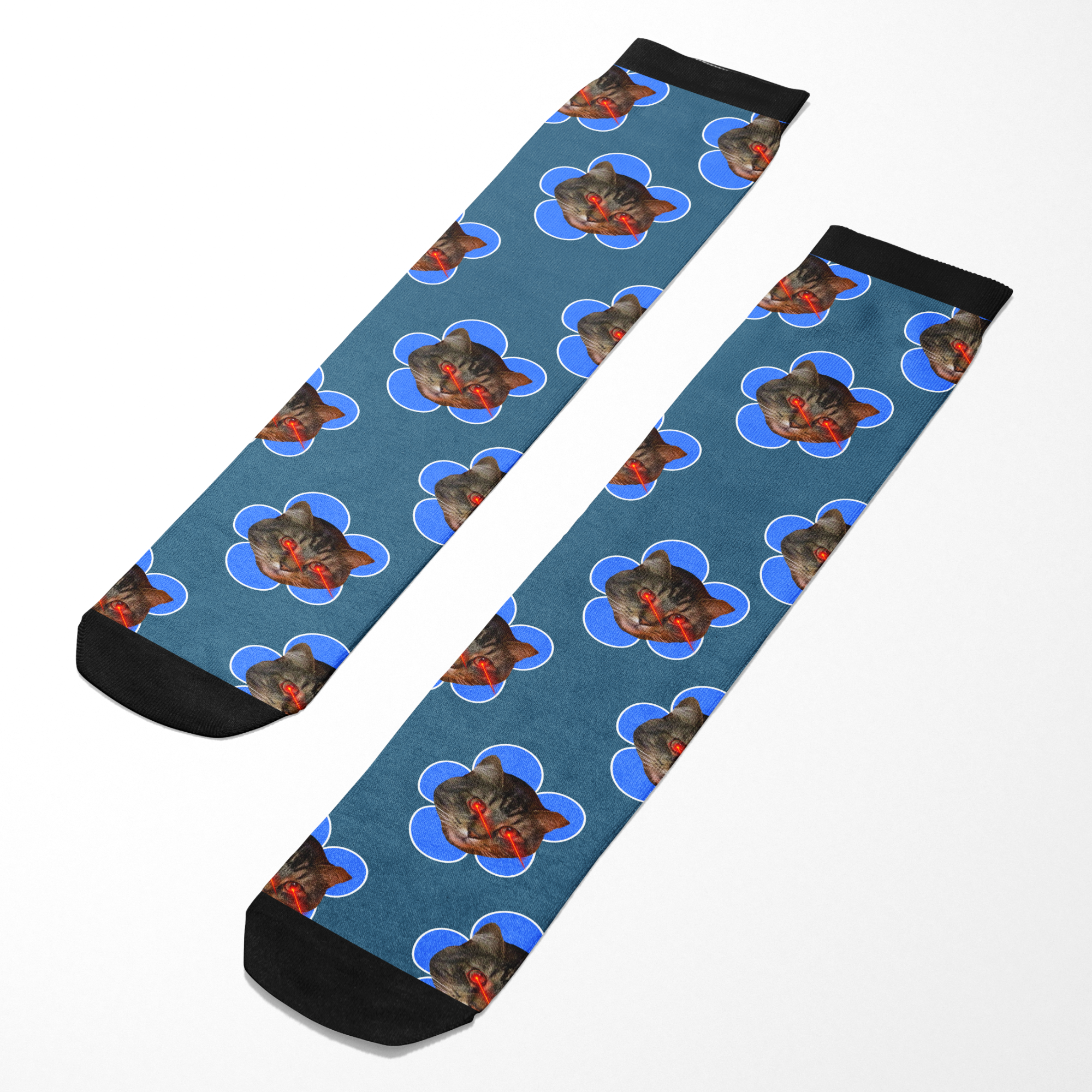 Custom flower socks with personalized photo pattern featuring black cat faces on blue background with black toes and cuffs