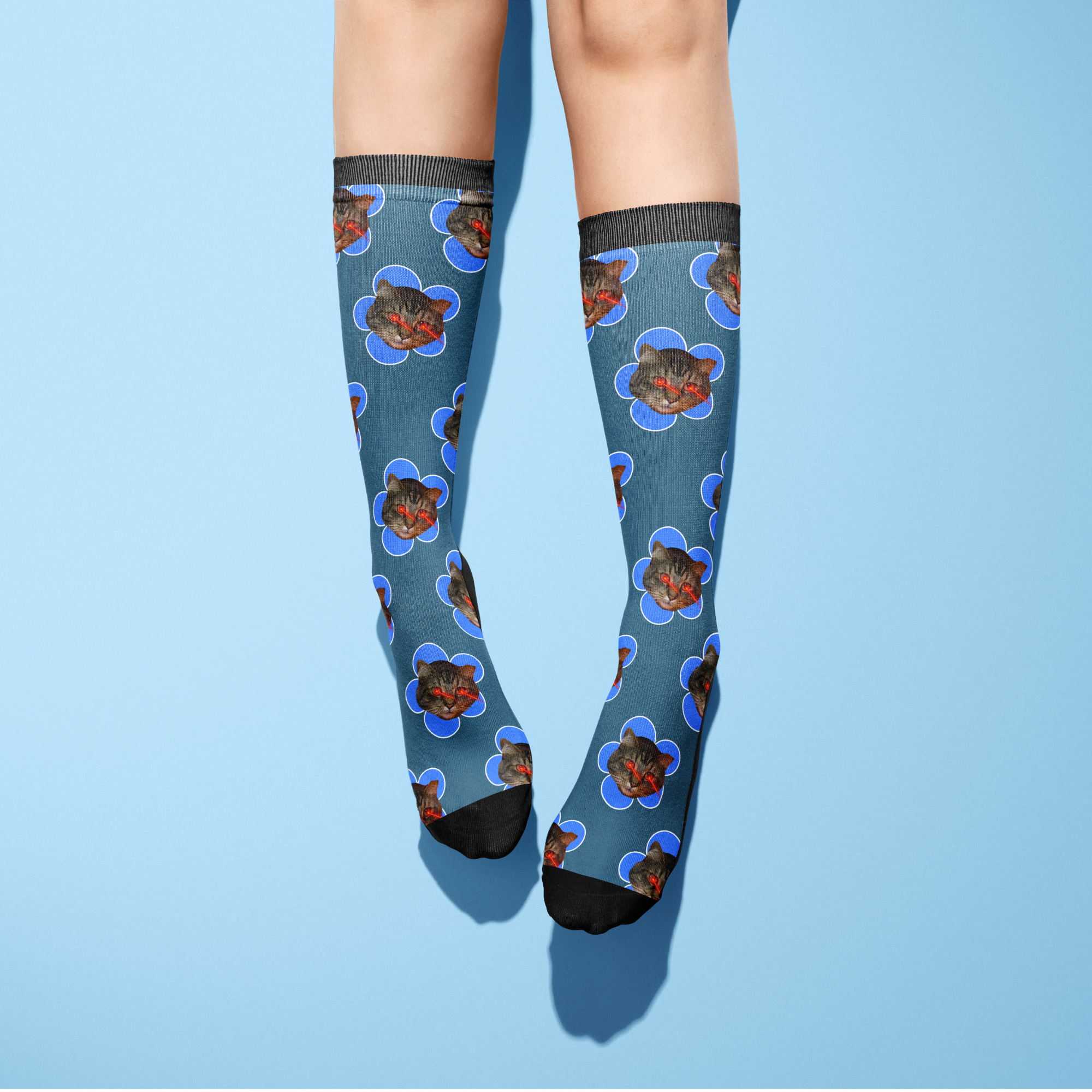 Custom flower socks with personalized photo pattern on blue background worn on legs