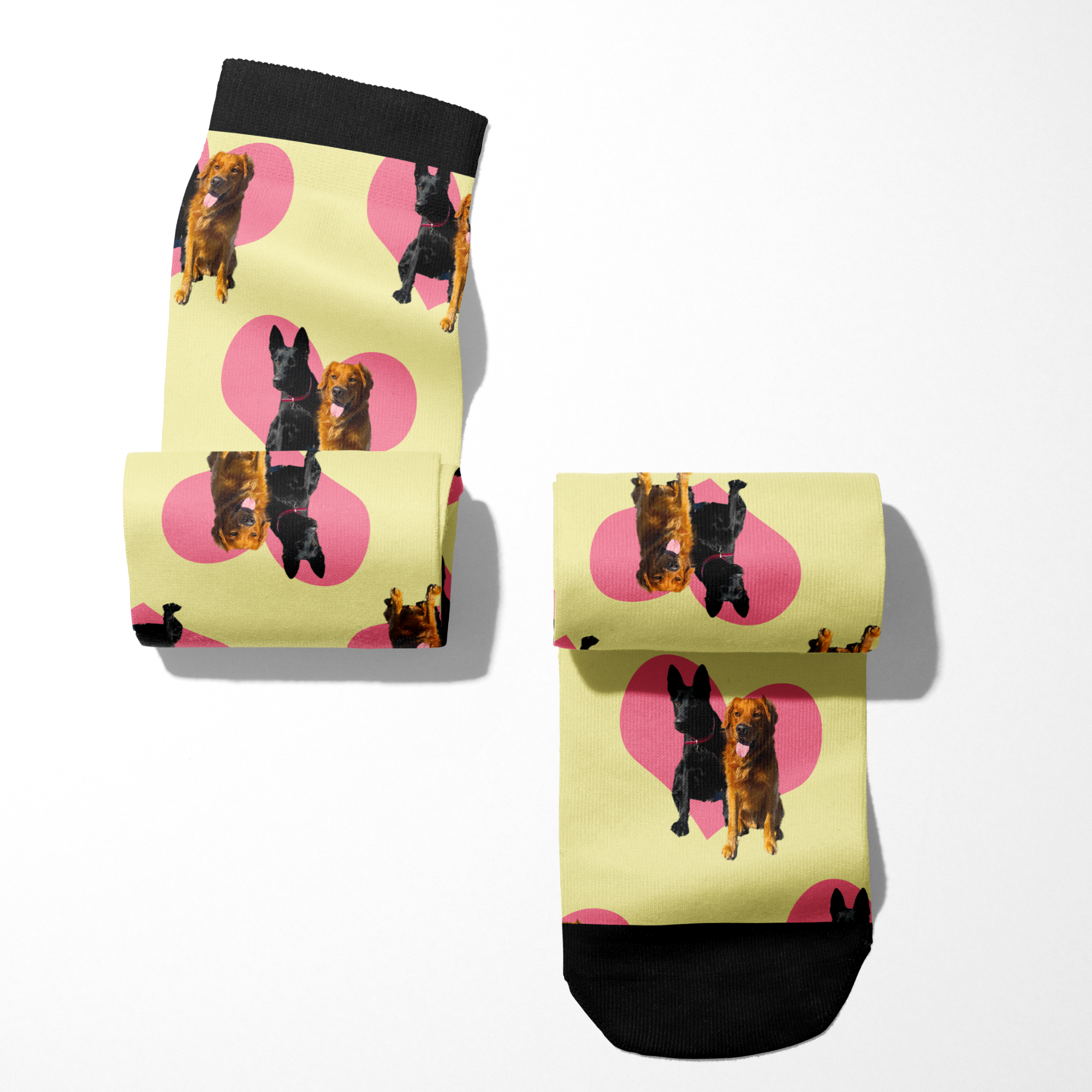 Custom Heart Socks with personalized dog photo on yellow background and pink hearts design