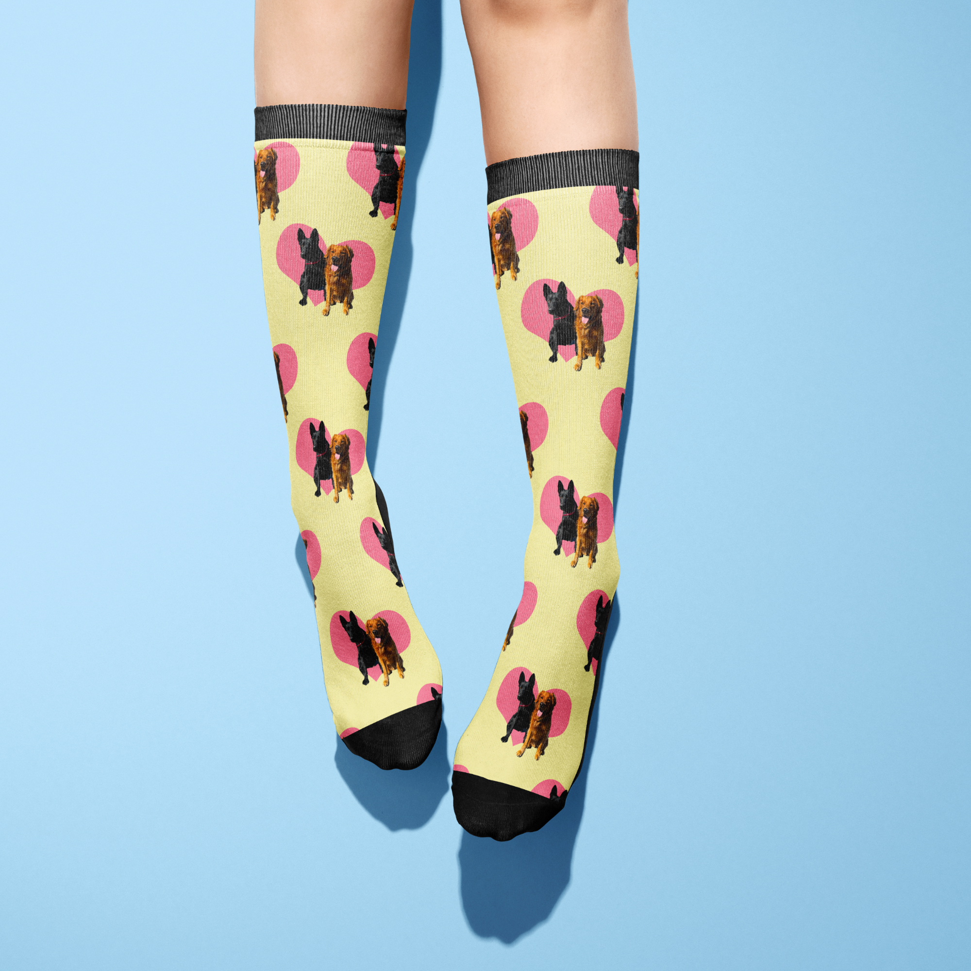 Custom heart socks featuring personalized pet photo on yellow background with pink hearts, knee-high style.