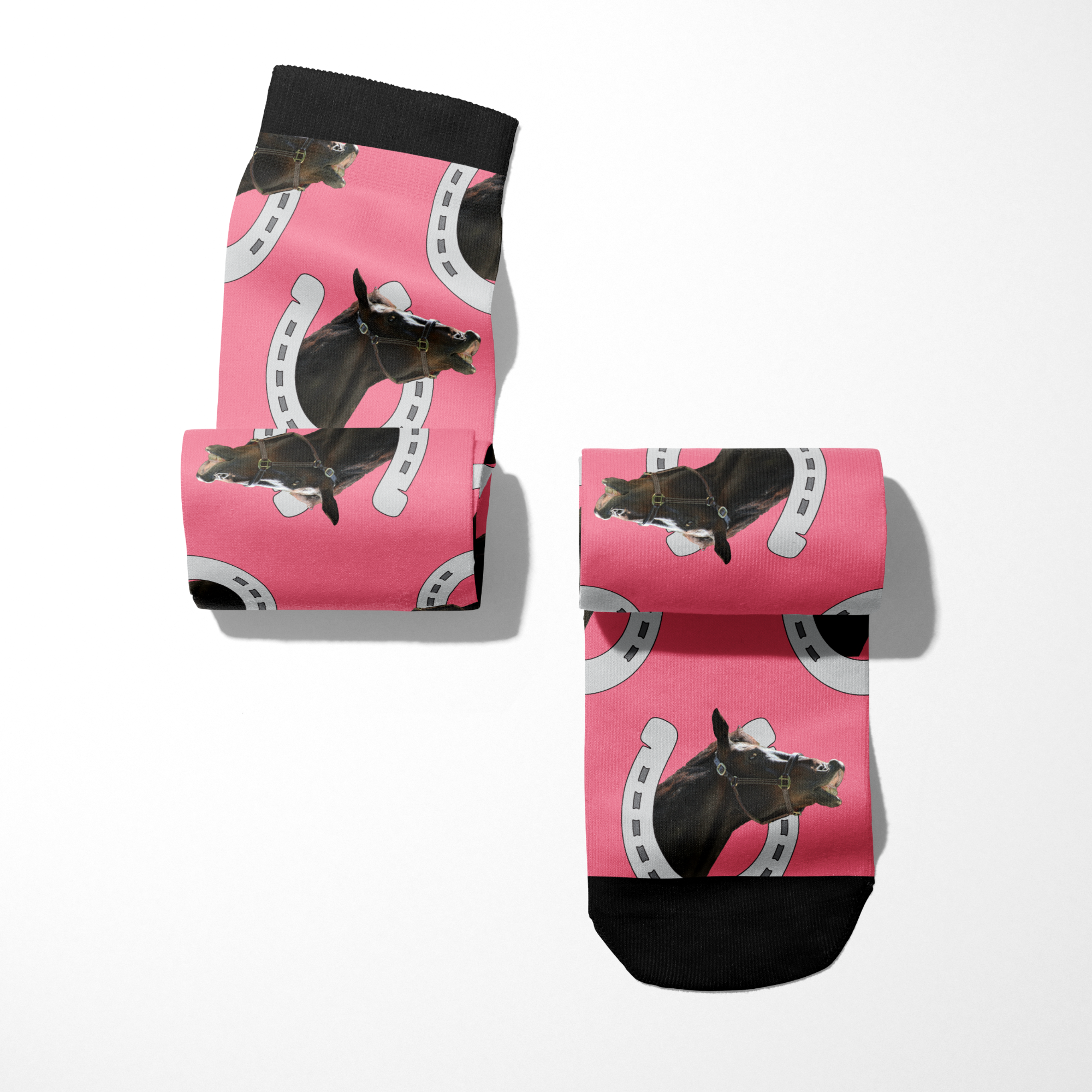 Custom Horseshoe Socks with horse photo on pink background and black accents