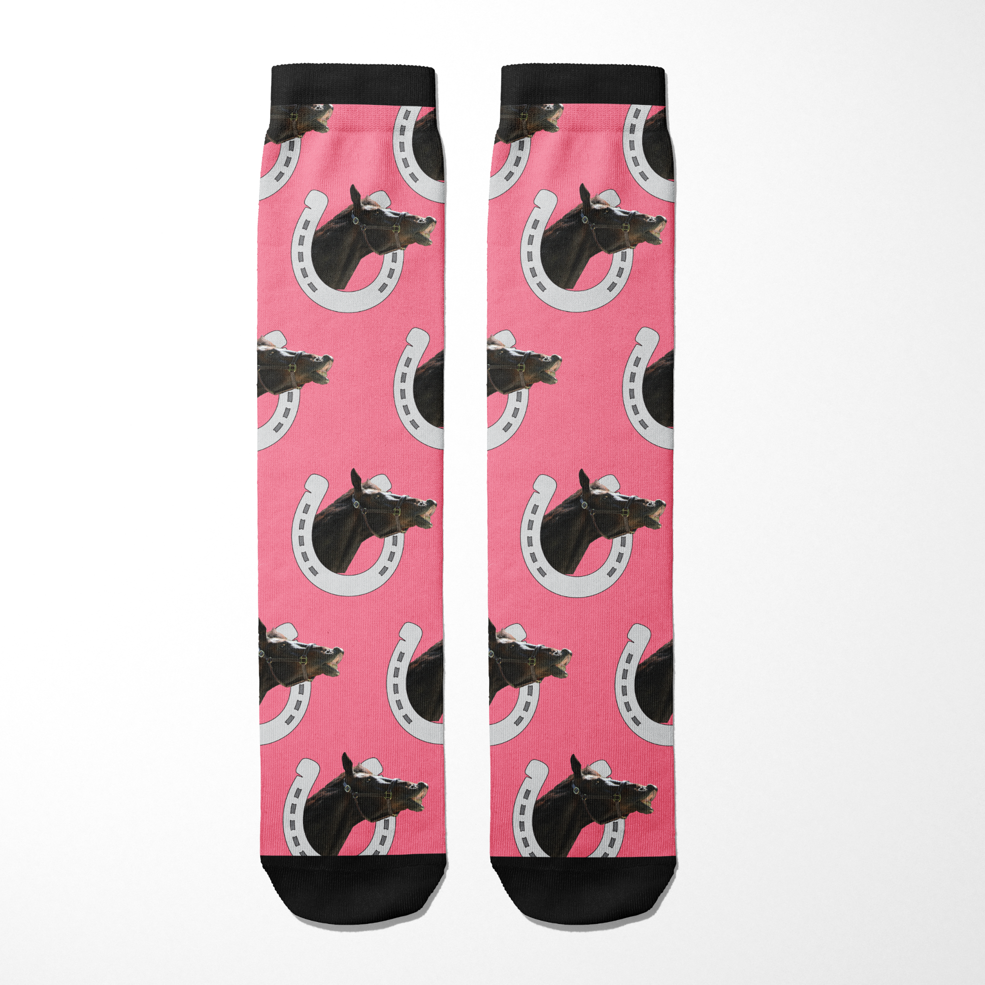 Custom horseshoe socks featuring a personalized horse photo on a pink background with horseshoe patterns