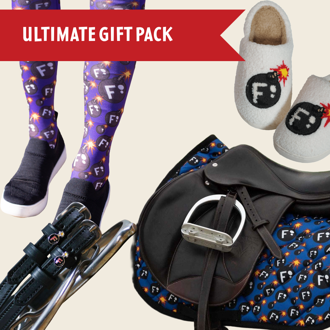 Ultimate F-Bomb Pack featuring boot socks, saddle pad, spur straps, and slippers for equestrians