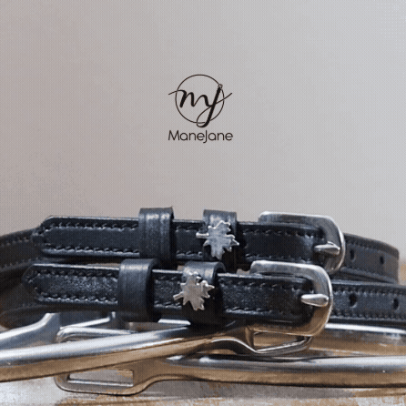 Black leather Canada spur straps with stainless steel buckles and maple leaf charms