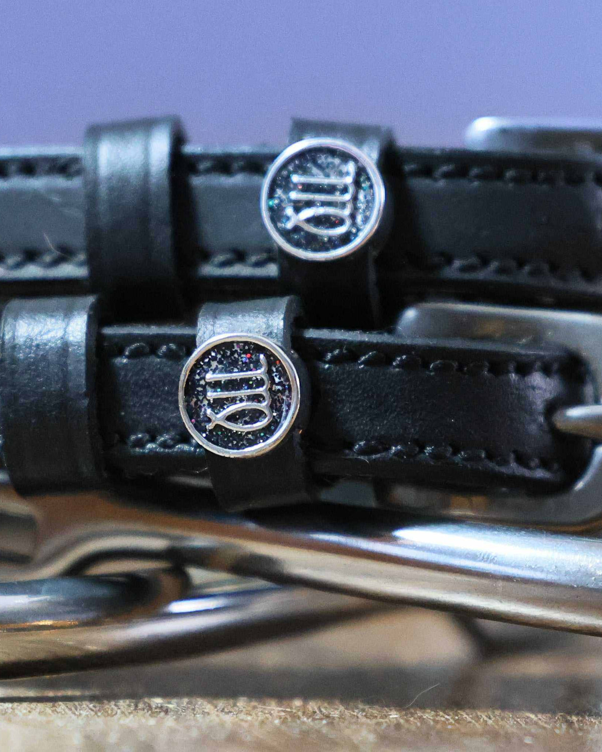 Close-up of round Virgo zodiac charms on black leather ManeJane spur strap keepers