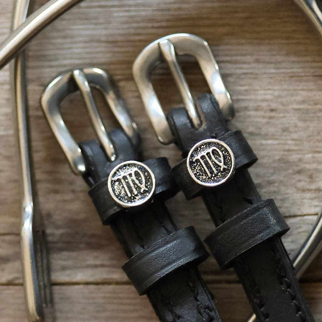 Macro of Virgo zodiac charms and silver buckles on black leather spur straps and spur