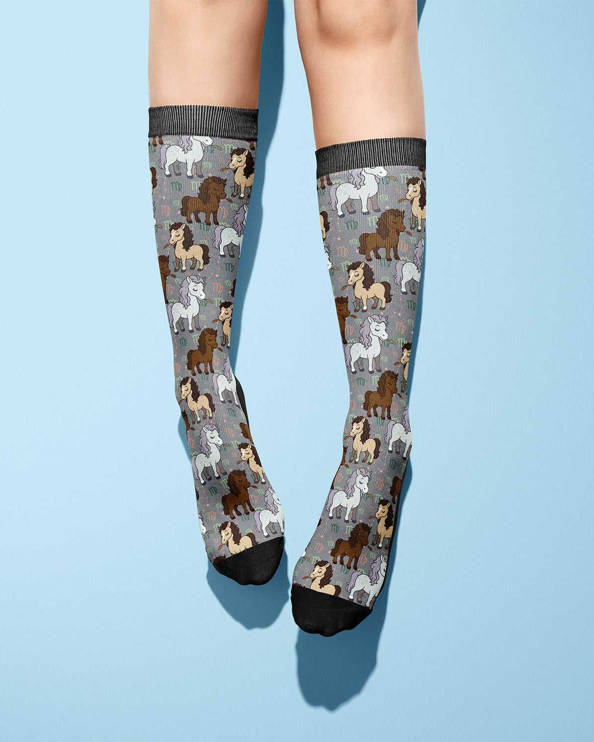 Limited edition Virgo zodiac boot socks with horse pattern, made in USA, one size fits most