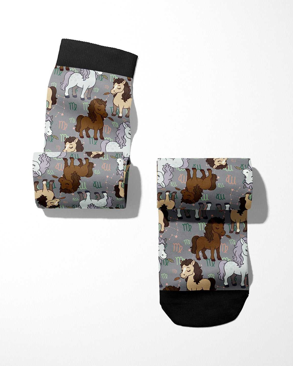 Limited edition Virgo zodiac boot socks with horse and astrological designs, made in the USA, one size fits most