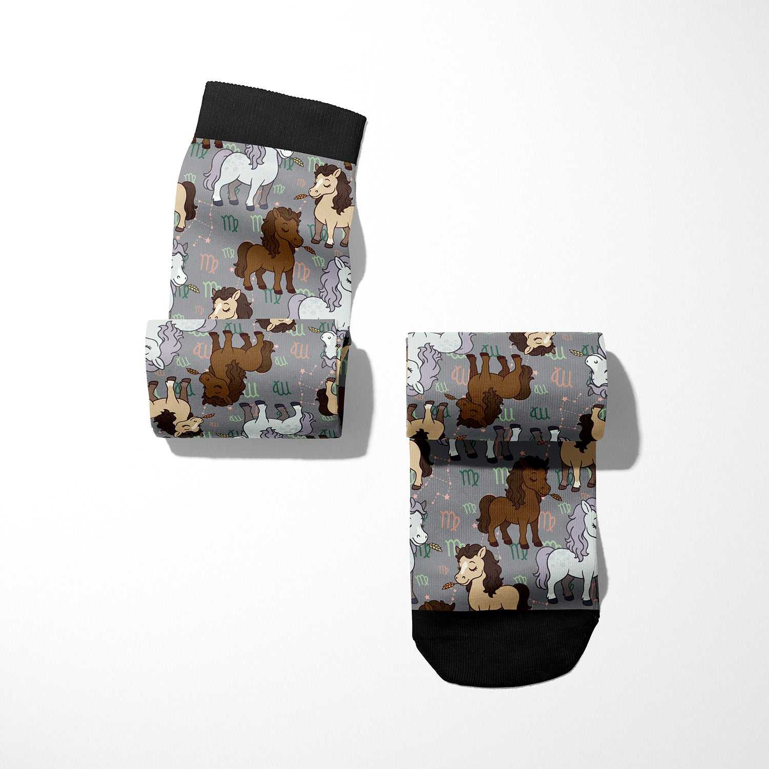 Limited edition Virgo zodiac boot socks with horse and astrological designs, made in the USA, one size fits most