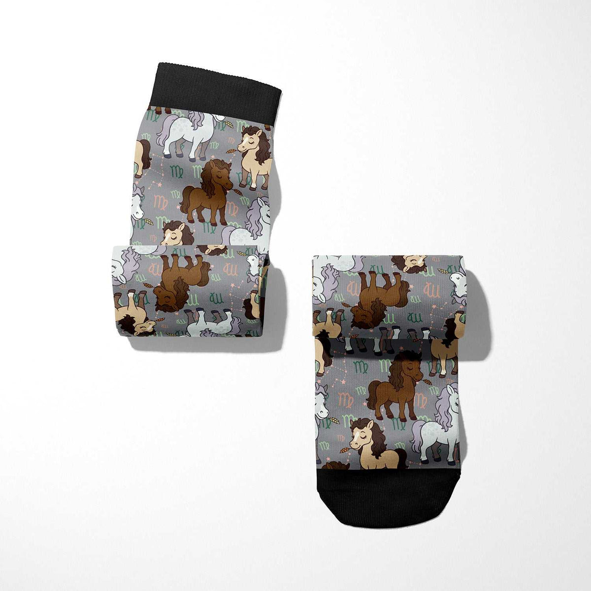 Limited edition Virgo zodiac boot socks with horse and astrological designs, made in the USA, one size fits most