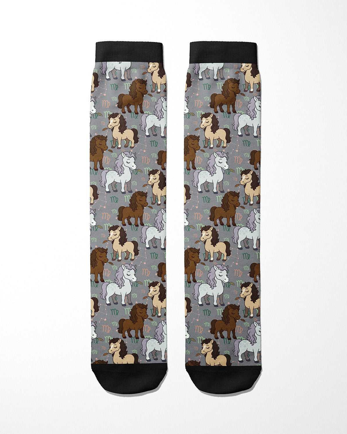 limited edition Virgo zodiac boot socks with horse pattern and black cuffs