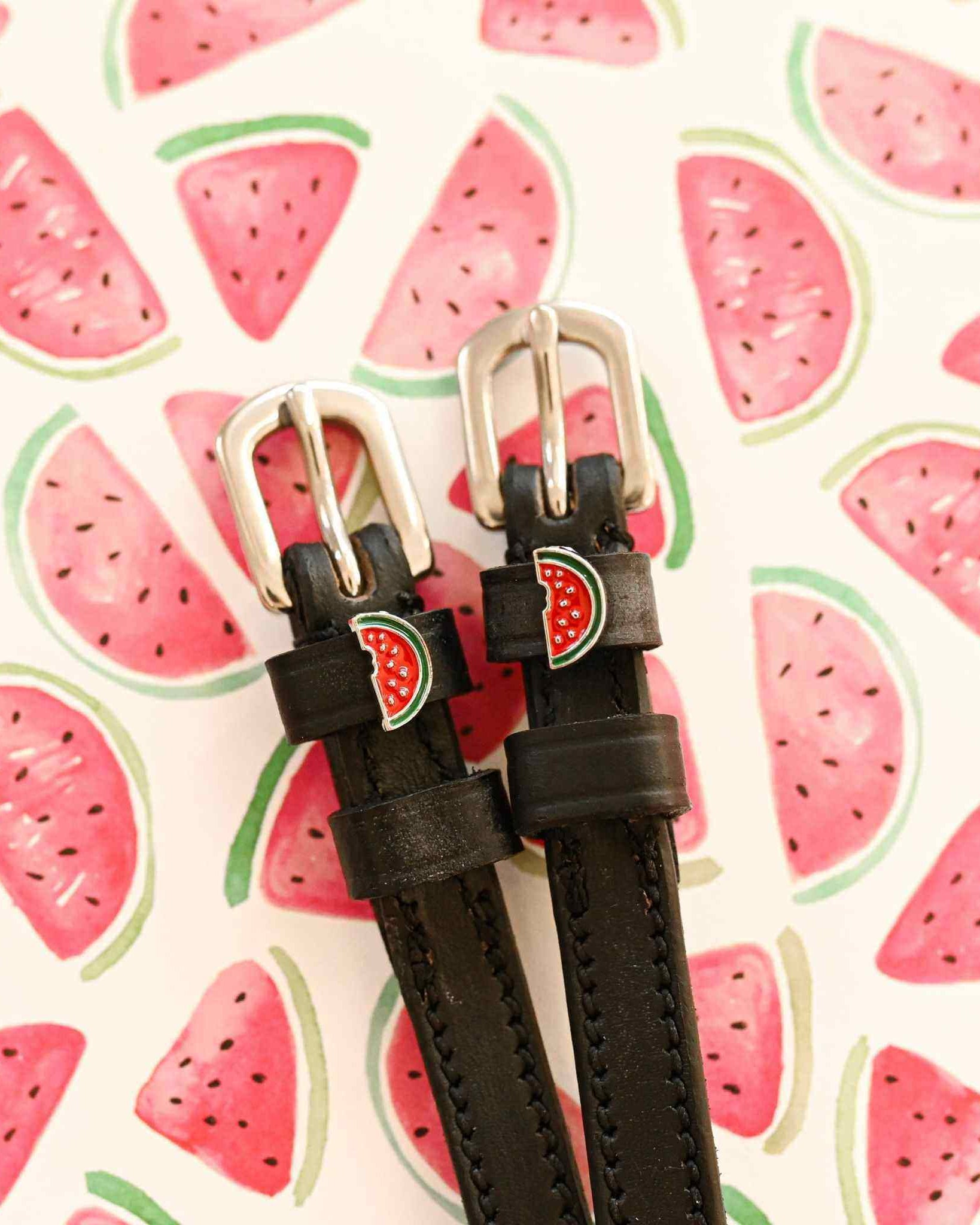 Dark leather ManeJane watermelon spur straps with silver buckles on a navy blue background