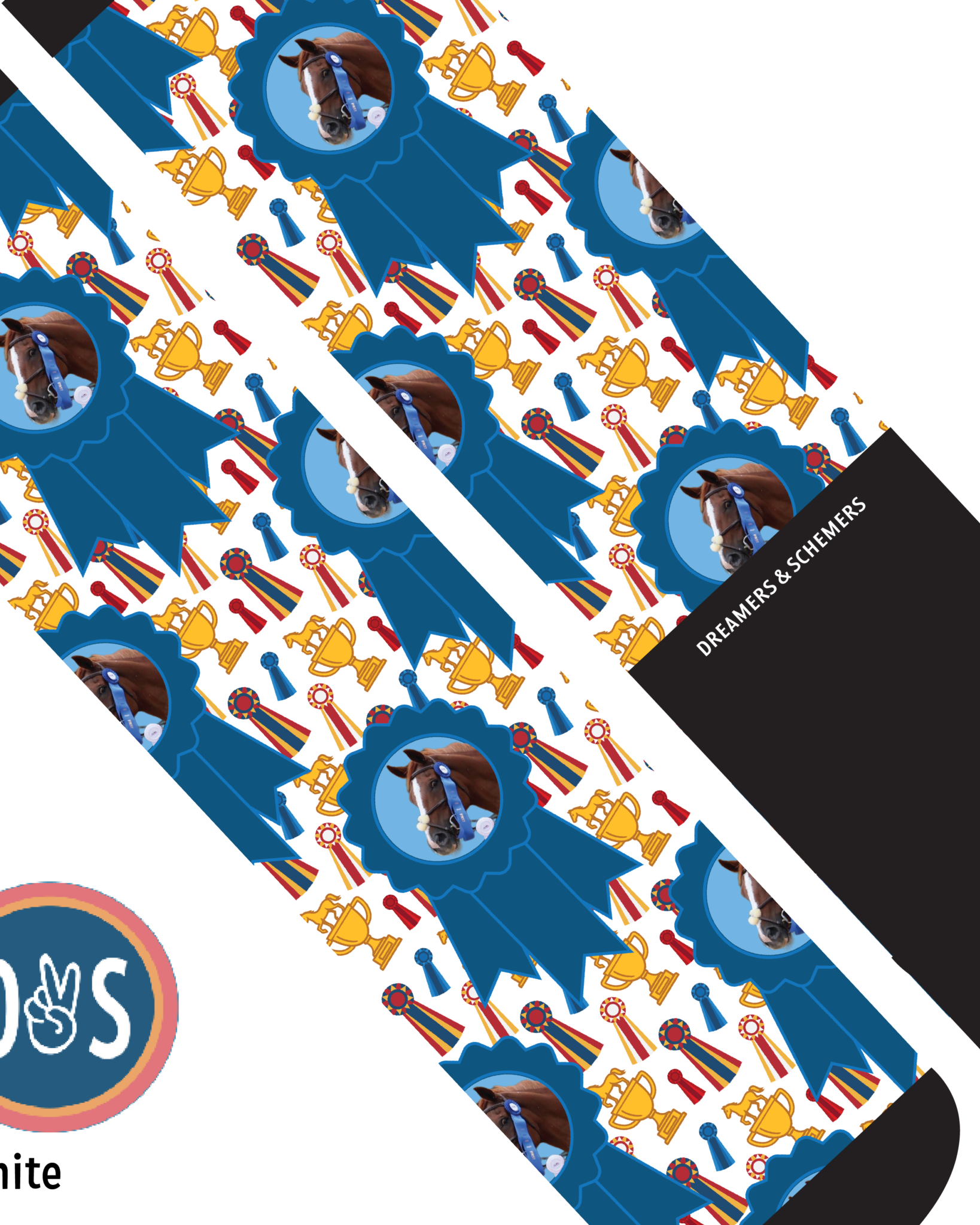 Custom blue ribbon winner boot socks with personalized photo and pattern design