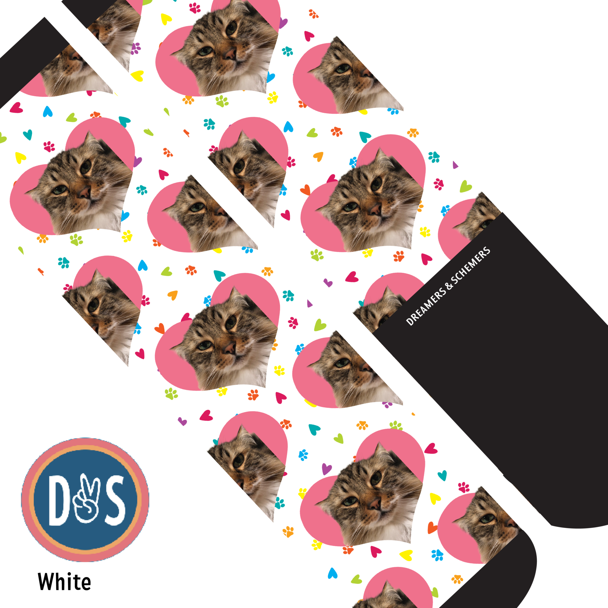 Custom boot socks with hearts and paw prints featuring personalized photo design