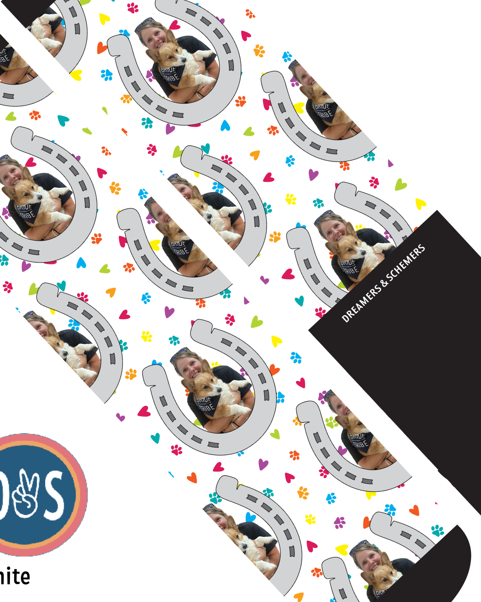 Custom socks with horseshoes and paw-print designs showcasing personalized photo prints on Dreamers & Schemers Boot Socks