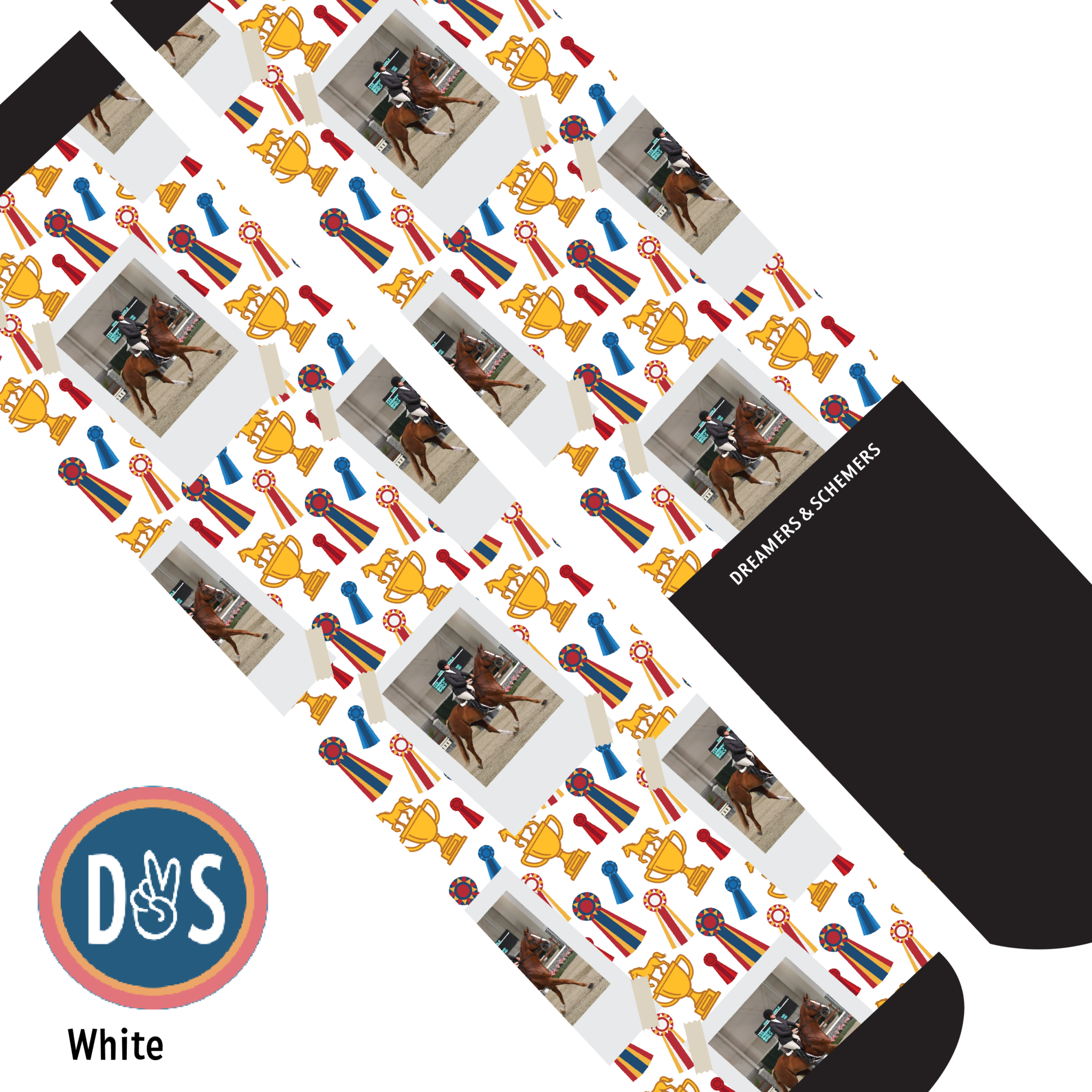 Custom boot socks with horse photo and trophy pattern by Dreamers & Schemers