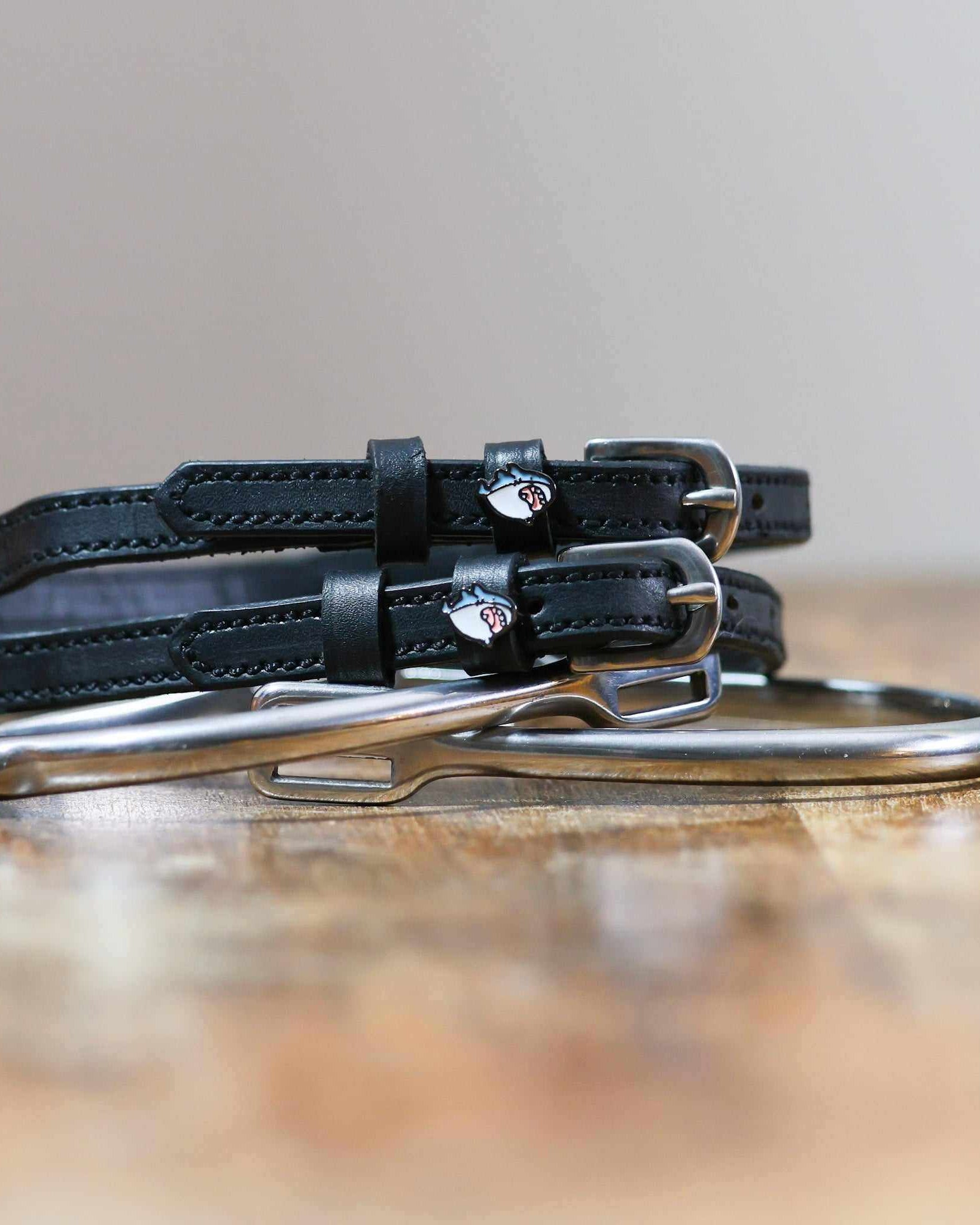 Black leather Wild Shark spur straps coiled beside a silver spur on a wood surface