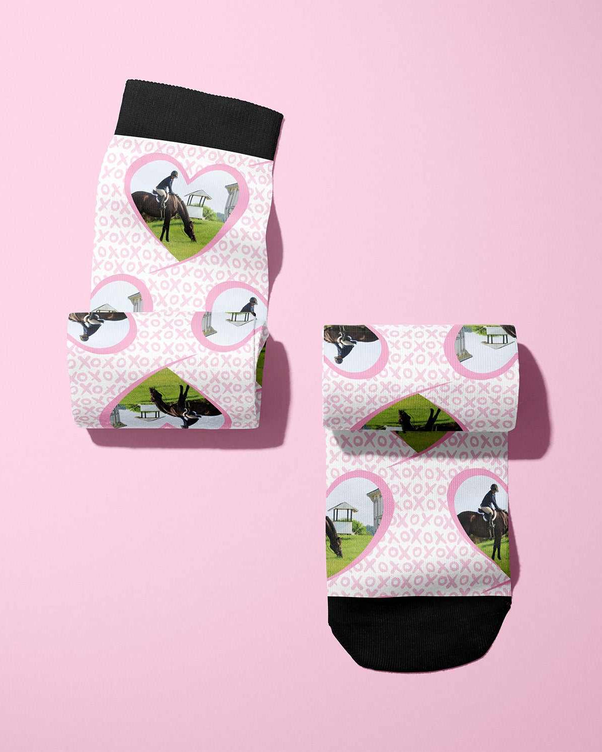 Custom boot socks with XOXO pattern and personalized horse photo on pink background