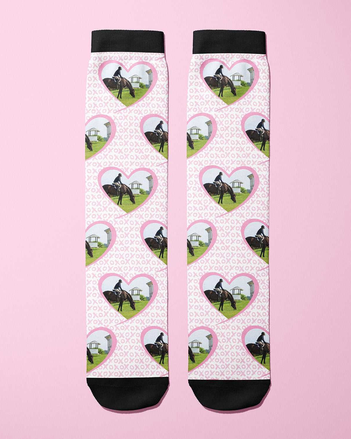 Custom XOXO boot socks with personalized horse photo and heart pattern on pink background