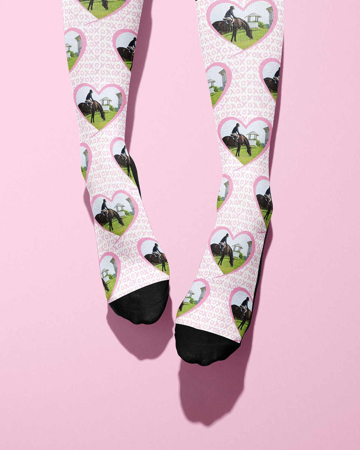 Custom pink boot socks with heart-shaped horse photo pattern and black toes