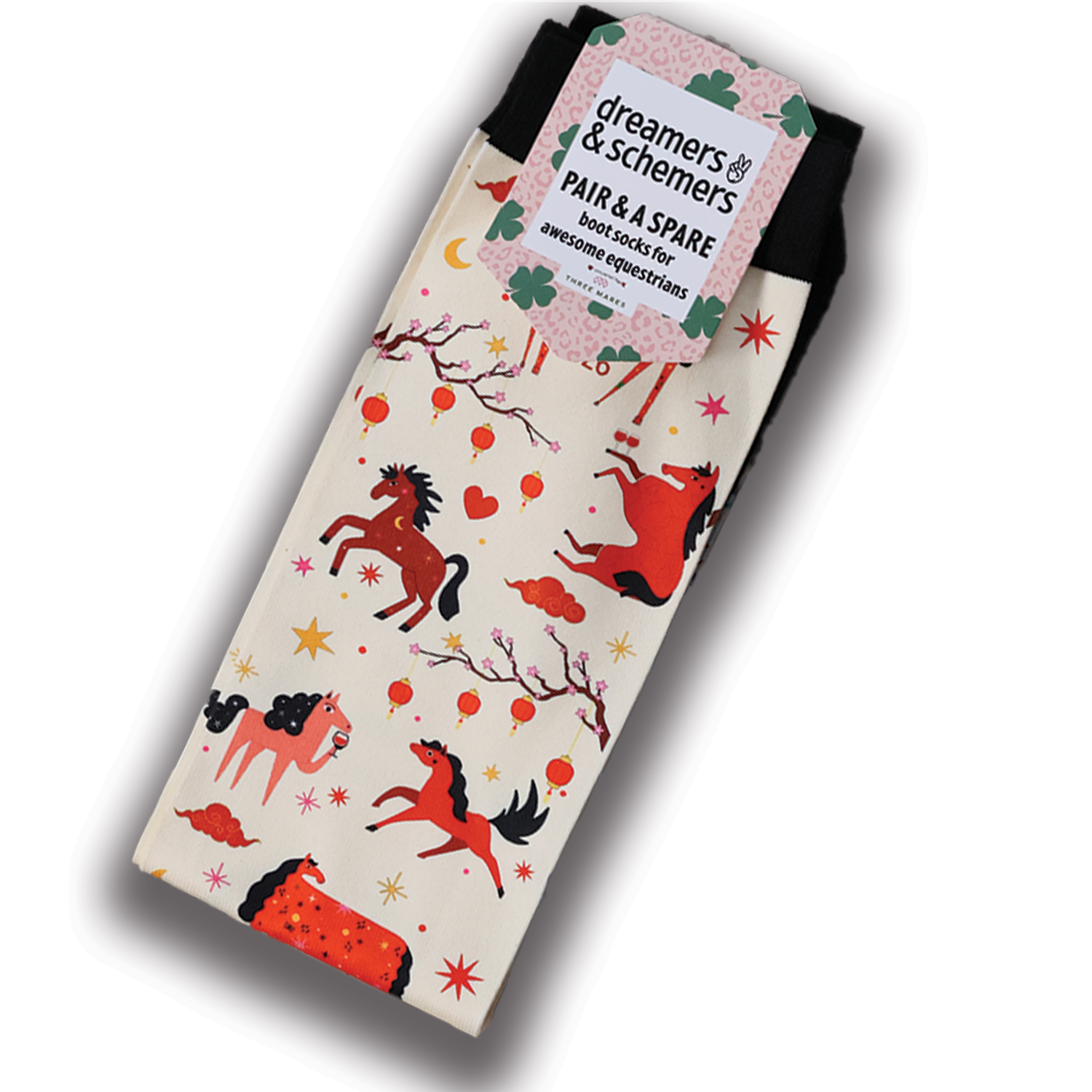 Year of the Horse Pair & A Spare black top boot socks with flat-seam toe and breathable knit