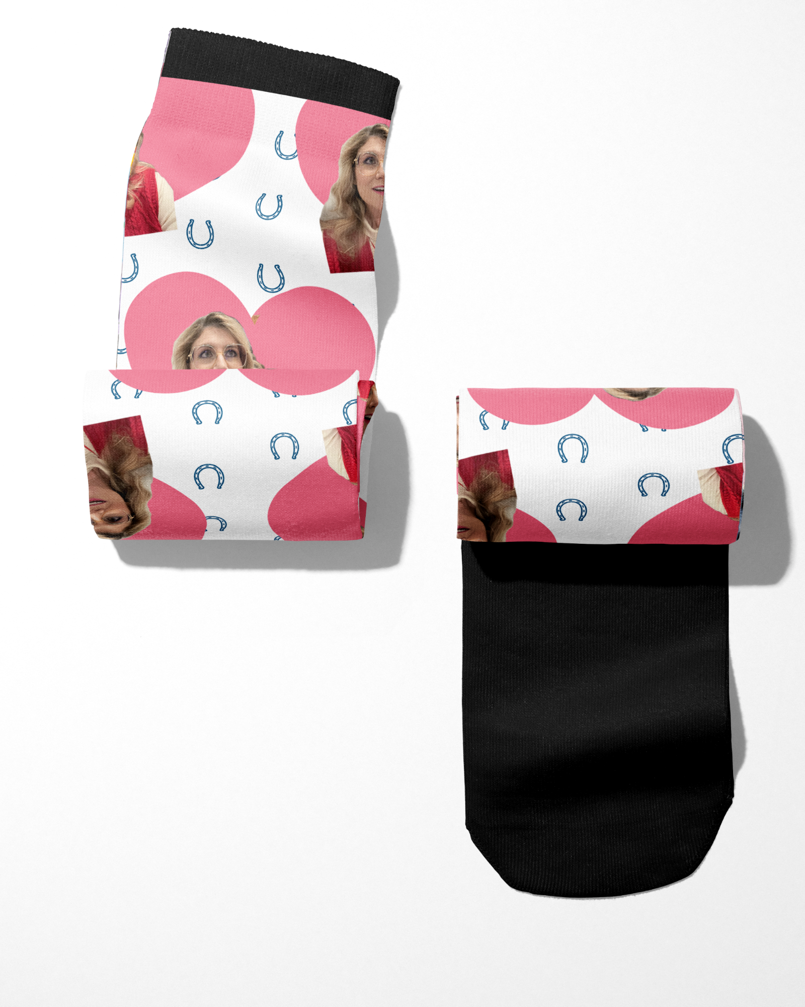 Custom Heart with Blue Horseshoes Socks featuring personalized photo and black sole