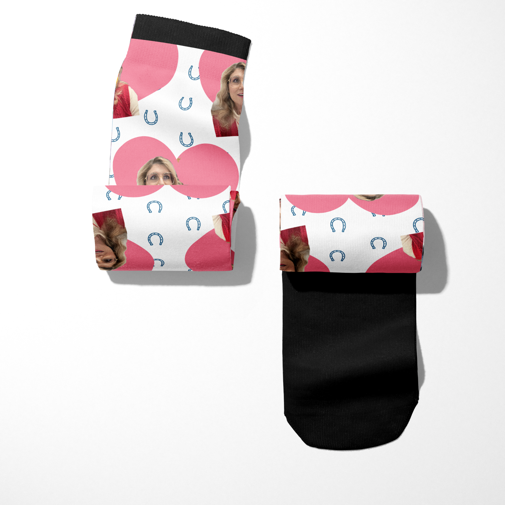 Custom Heart with Blue Horseshoes Socks featuring personalized photo and black sole