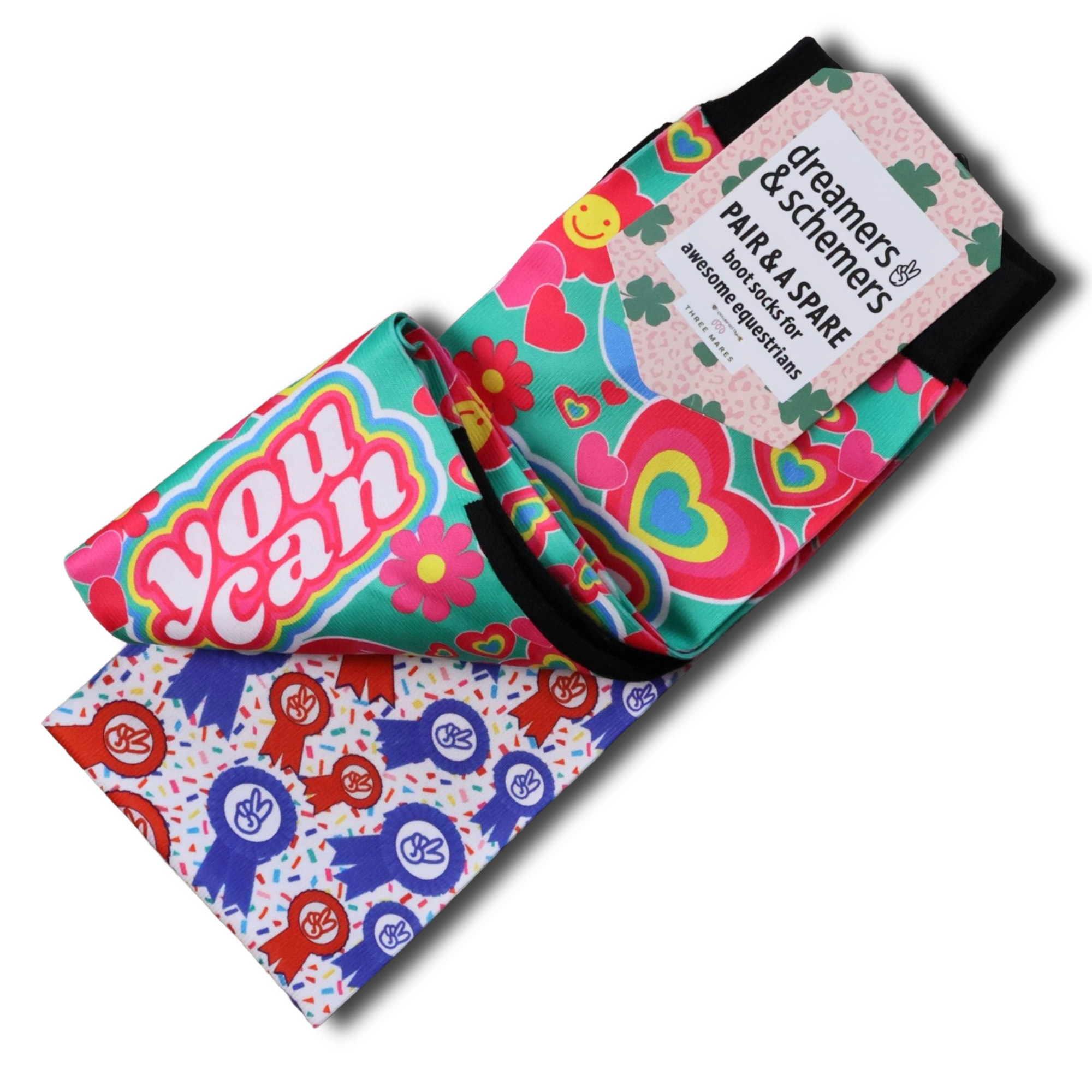 Affirmations Pair & a Spare equestrian boot socks featuring positive affirmations text, alternate angle, by Dreamers & Schemers