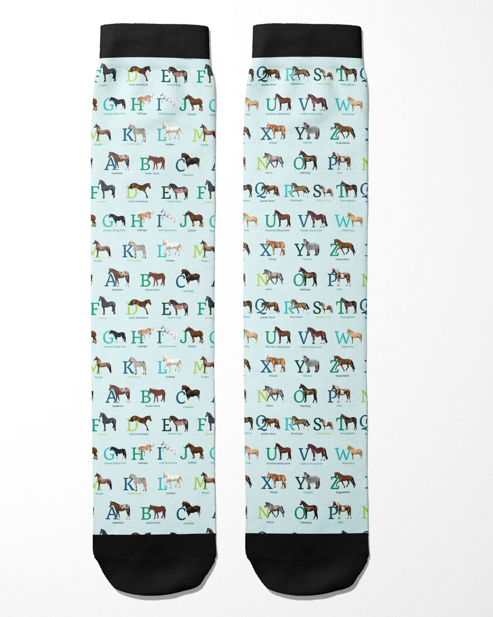 Limited Edition Pony Island Alphabet Horses socks with colorful pony designs on light blue background, black toes and cuffs, educational and fun boot socks for kids and adults.