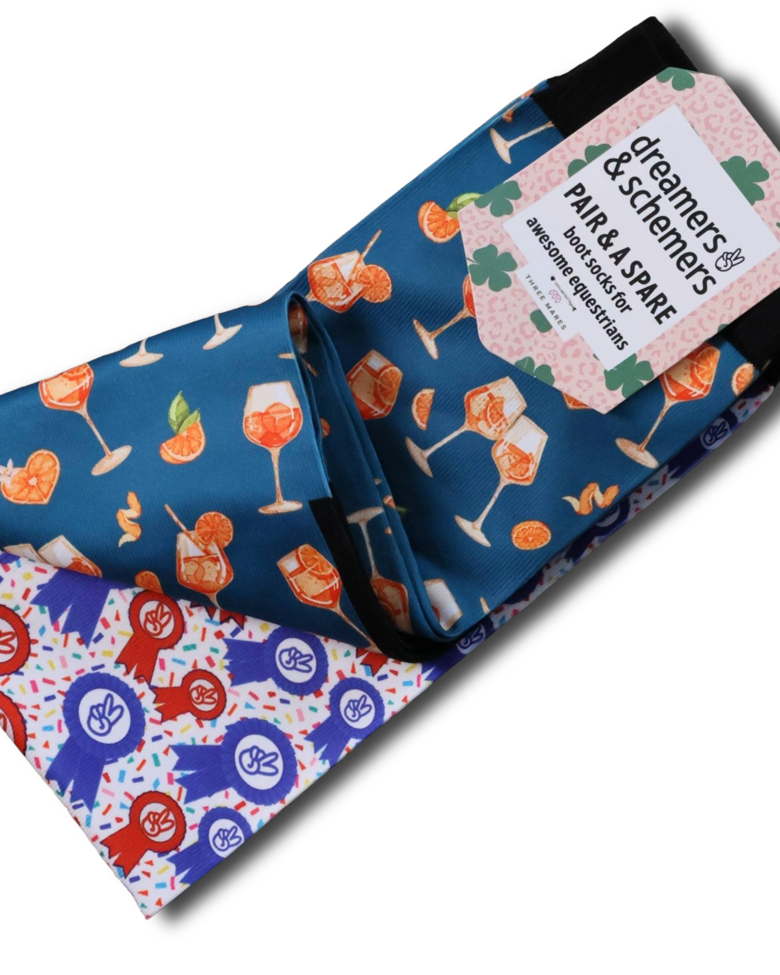 Aperol Spritz Pair & a Spare equestrian boot socks featuring aperol spritz cocktail print, alternate angle, by Dreamers & Schemers