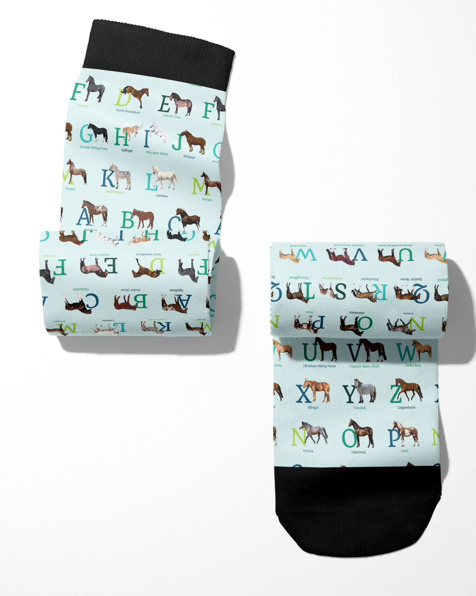 Limited Edition Pony Island Alphabet Horses socks with colorful pony alphabet design, youth and adult sizes, white background, black cuffs