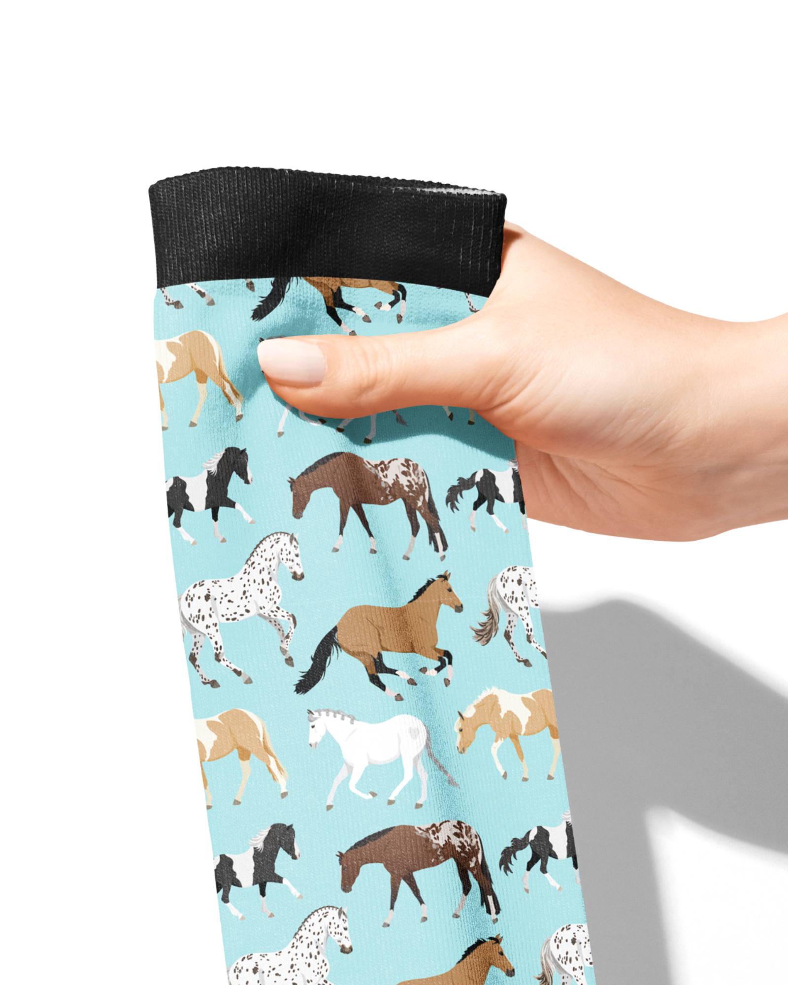 Limited Edition Pony Island Aqua Ponies boot socks with teal background and horse patterns