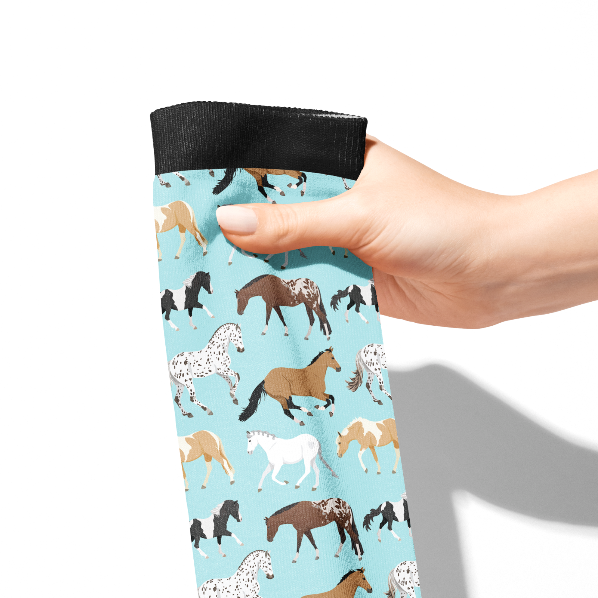 Limited Edition Pony Island Aqua Ponies boot socks with teal background and horse patterns