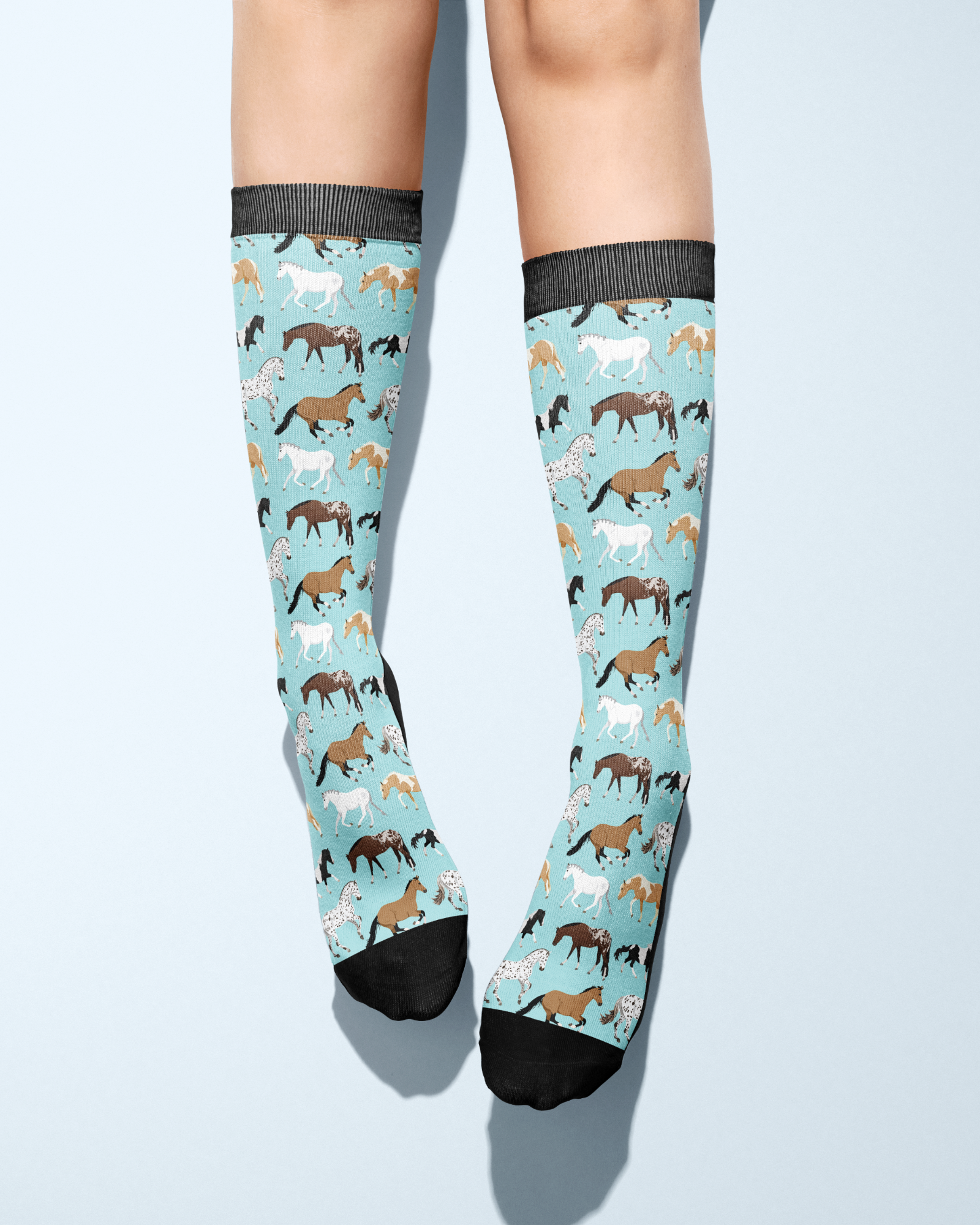 Limited edition Pony Island aqua boot socks with playful pony pattern in teal blue tones, youth and adult sizes available.