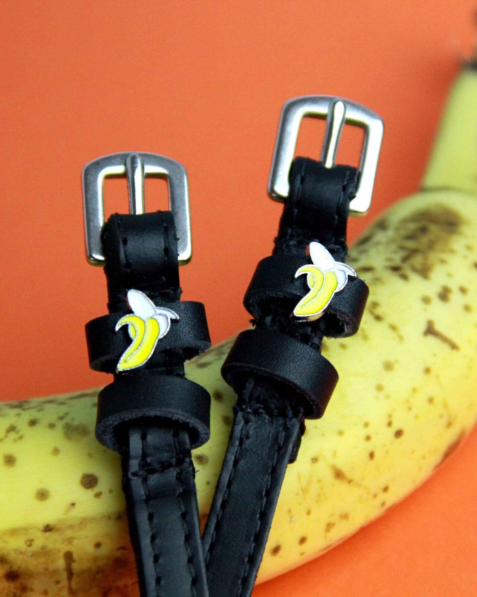 Banana patterned spur straps featuring banana fruit, alternate angle, equestrian accessory by ManeJane