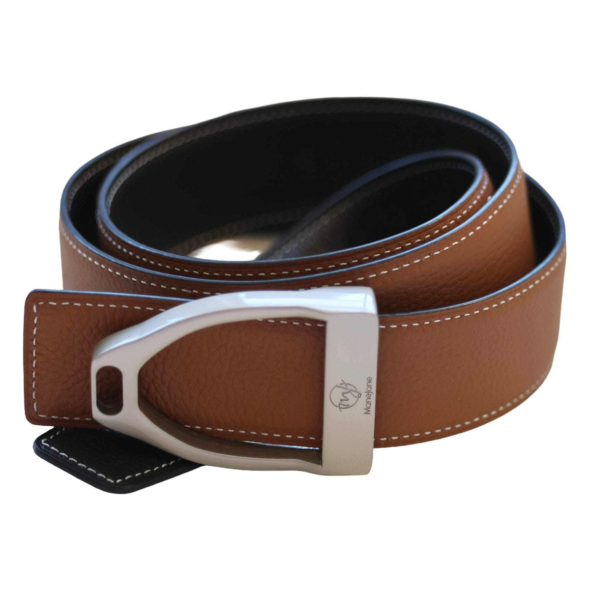 ManeJane Black/Chestnut Reversible Leather Belt Strap reversible leather belt, additional view, equestrian accessory by Dreamers & Schemers