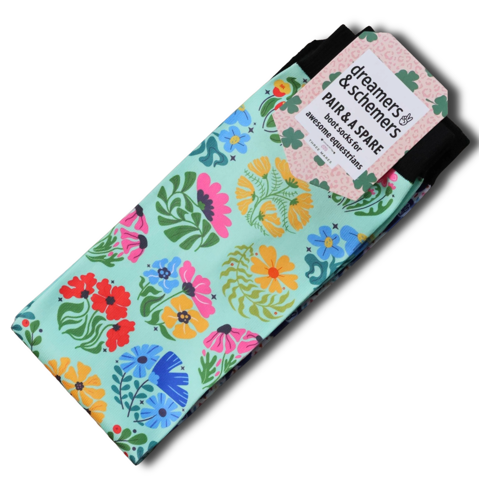 Pack of Pair & A Spare Socks showing three black top boot socks with flat-seam toes and soft knit fabric