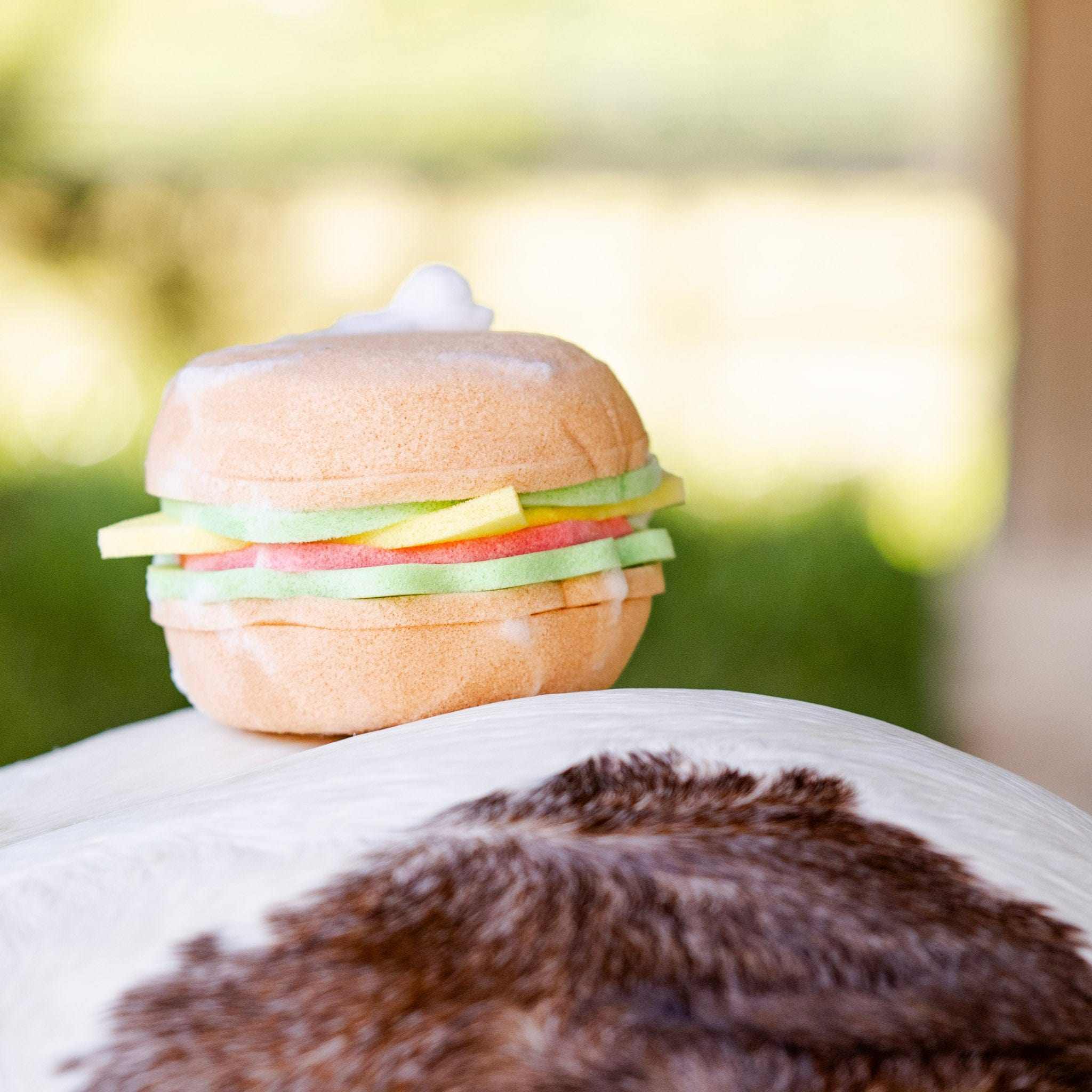 Burger-shaped bath sponge from the Burger & Fries Bundle for equestrian grooming and barn fun