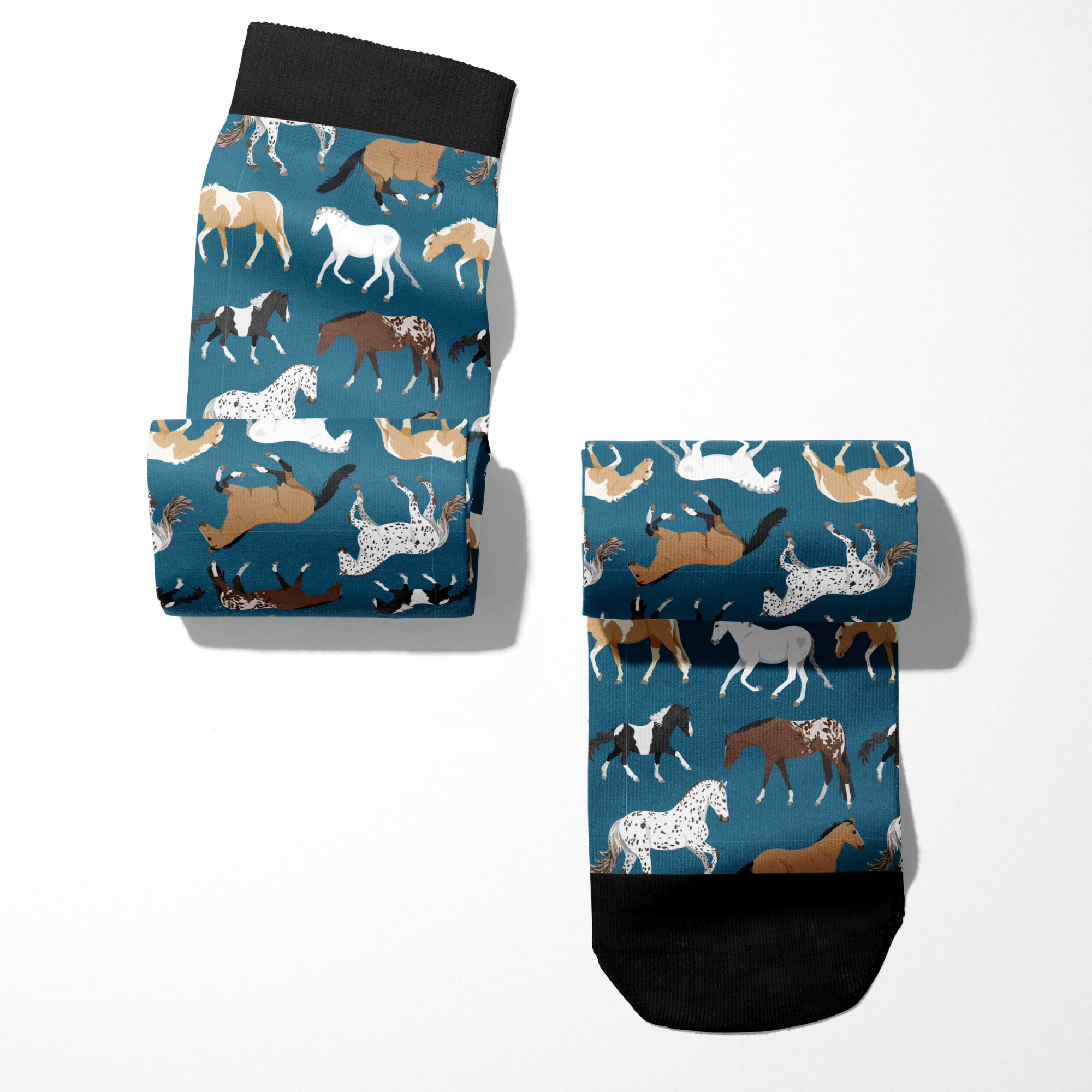 Limited edition Pony Island blue boot socks with multicolored horse patterns, made in USA, youth and adult sizes available