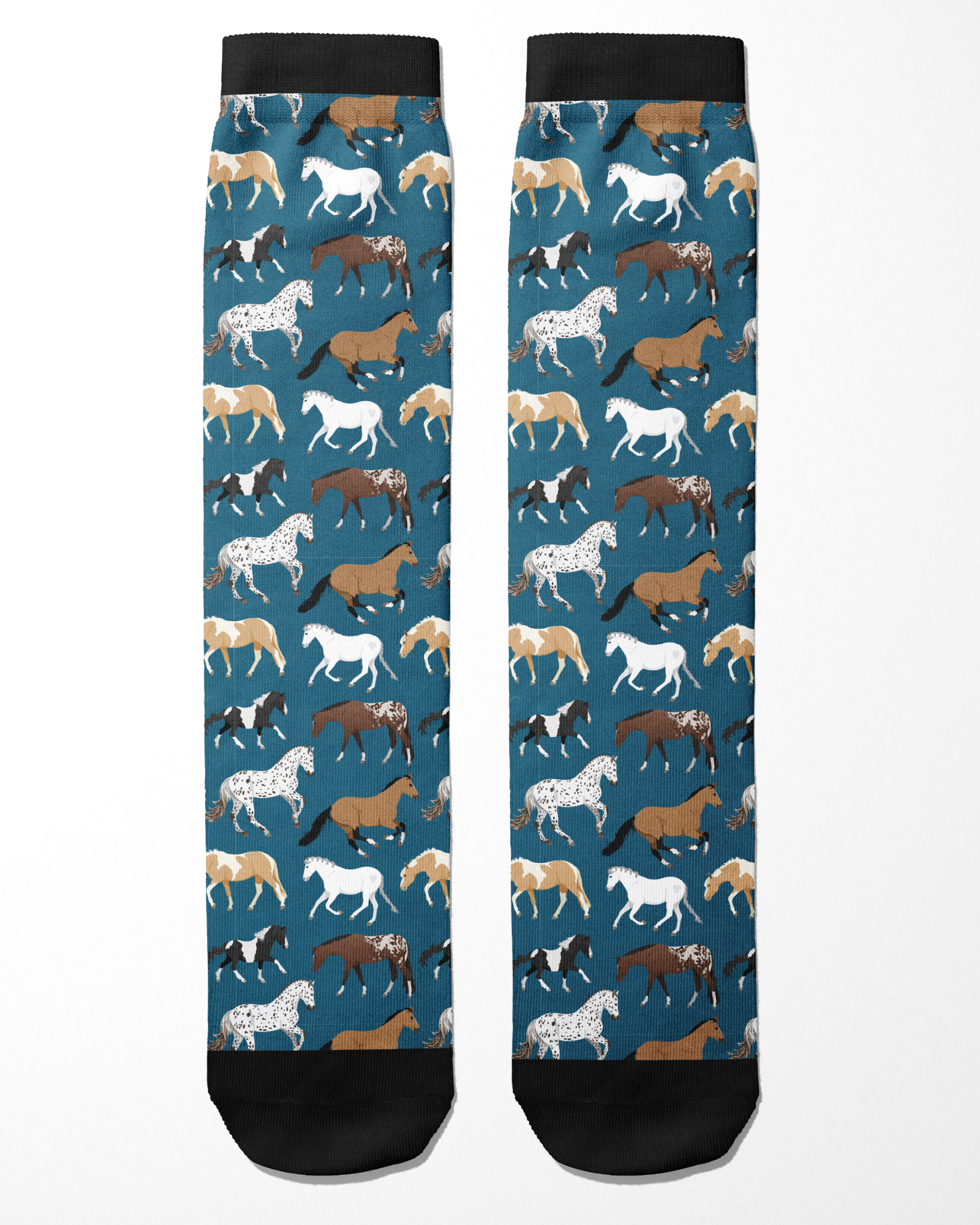 Limited Edition Pony Island Blue Ponies Socks with black cuffs featuring various colored horses on blue background