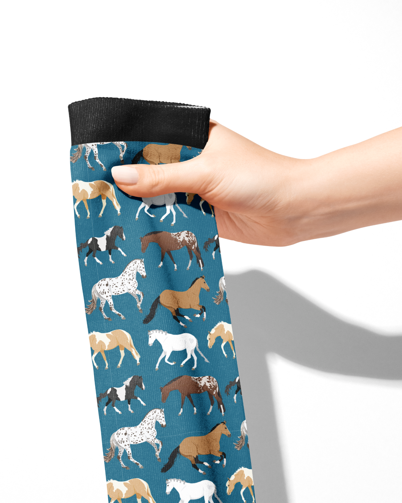 Limited Edition Pony Island Blue Ponies Socks with horse pattern on blue background, made in USA, youth and adult sizes