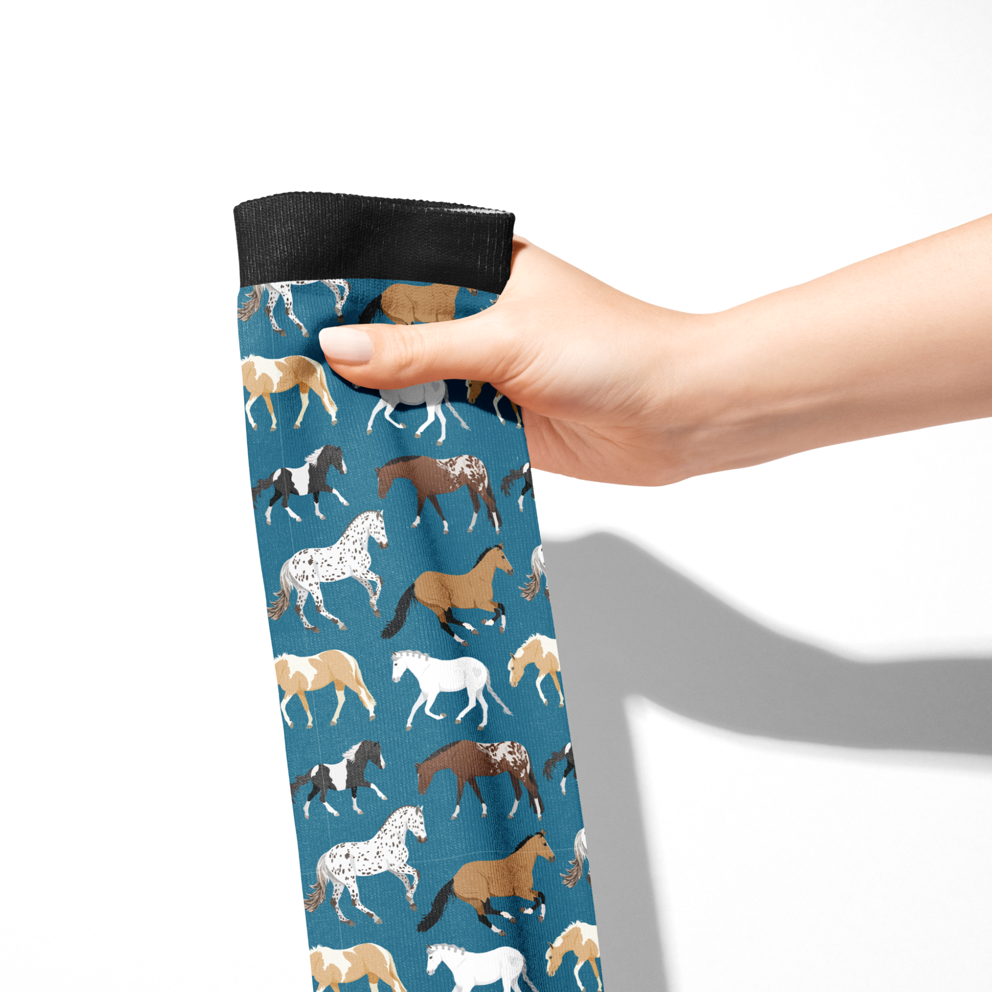 Limited Edition Pony Island Blue Ponies Socks with horse pattern on blue background, made in USA, youth and adult sizes