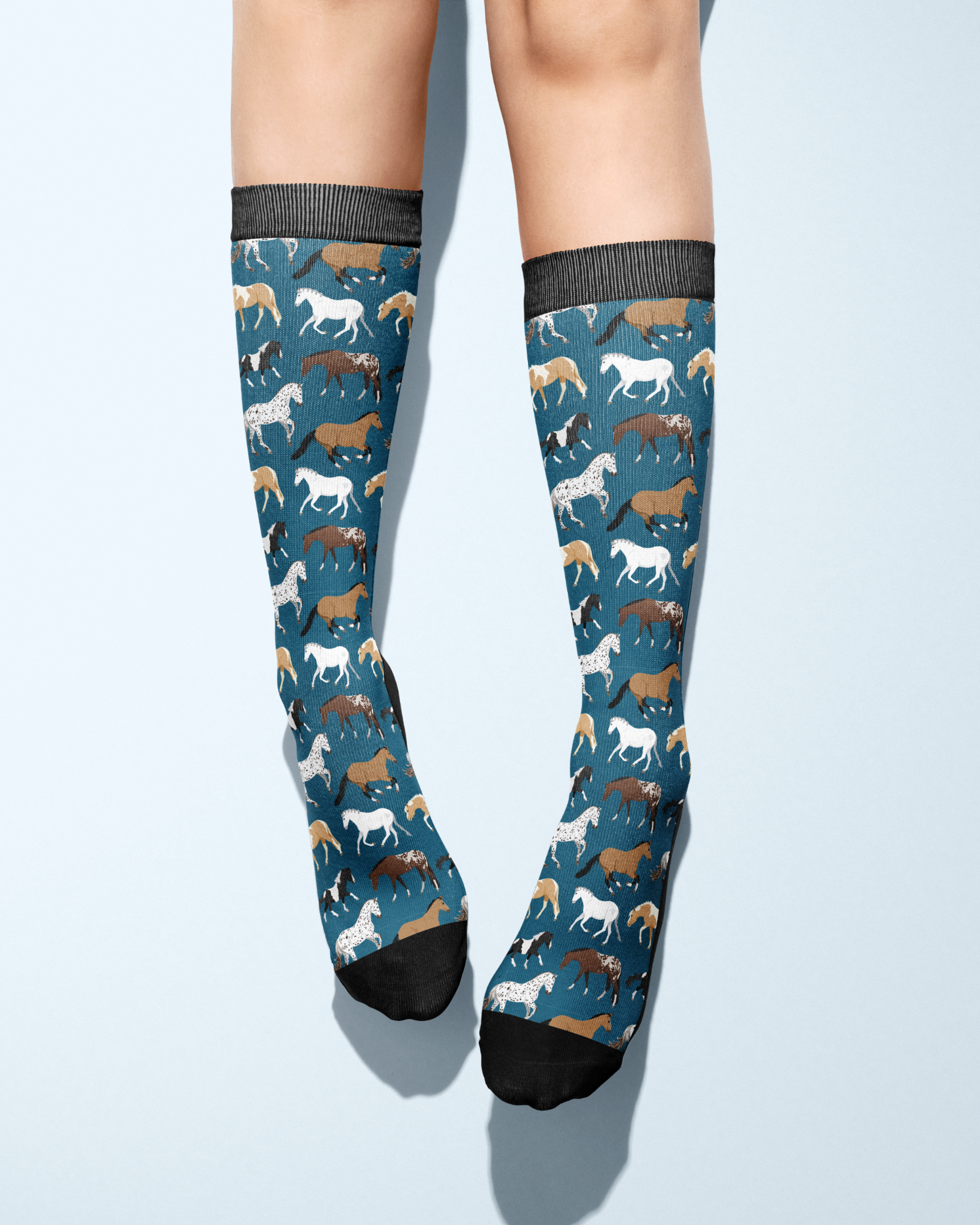 Limited Edition Pony Island blue socks with horse pattern, knee-high, made in USA